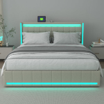 Kaheinimesevoodi 160 x 200 cm, LED-valgustuse, USB-pordi ja 4 sahtliga, beež, linane, ilma madratsita