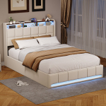 Kaheinimesevoodi 160 x 200 cm, LED-valgustusega, USB Type-C pistikuga, beež, linane