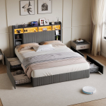 Voodi 140x200cm 4 sahtli ja panipaigaga - LED ja USB - linane - hall