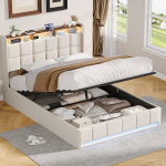 Kaheinimesevoodi 140x190cm h&uuml;draulilise panipaigaga - LED ja USB-ga - linane - beež