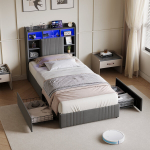 Lastevoodi LED-valgustuse ja USB-laadijaga, 2 sahtliga, 90x200cm, linane kangas, hall, ilma madratsita