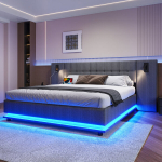 Pehme voodi 180x200 LED- ja USB-valgustusega, hall, ilma madratsita