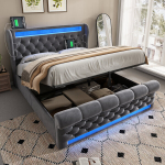 Pehme voodi 140x200 cm LED, USB ja C-t&uuml;&uuml;pi portidega, h&uuml;draulilise hoiukastiga, hall (ilma madratsita)