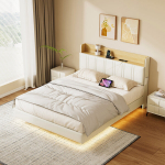 Voodi 140x190cm LED ja USB-portidega，Peatsiga panipaik，PU，Valge