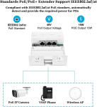 Revotech 2 pordiga poe pikendaja ip67 veekindel poe repiiter 100 m/250 m pikendus v&auml;ljas, 1 sisend 2 v&auml;ljundiga poe adapter, komplektis ieee802.3af/at, 10/100 mbps rj45, plug and play (wpoe6003)