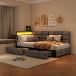 Diivanvoodi 90x200 cm, &uuml;heinimesevoodi LED-valgustiga, USB-ga, 2 sahtliga, hall