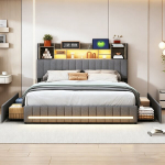 Voodi, 140 x 200 cm, LED-valgustiga, linane, hall.