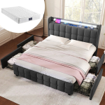 Polsterdatud voodi 160x200 cm, LED, USB, sahtlid, samet, hall, madratsiga