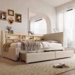 P&auml;evavoodi 90x200 cm, v&auml;ljat&otilde;mmatav, 2 sahtlit, USB/Type-C, riiulid, linane kangas, beež v&auml;rv