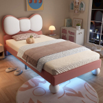 Polsterbett lastevoodi LED-valgustusega voodi all, tiivakujuline peatsipea, stabiilne raam, kauss, beež+roosa