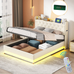 Polsterdatud voodi 140x200 cm, LED, USB, h&uuml;drauliline, linane kangas, beež