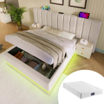 Polsterdatud kaheinimesevoodi 160x200 cm LED-valgusti, USB-C ja rakenduse juhtimisega, linane kangas, ilma &ouml;&ouml;kapita, madratsiga