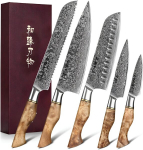 HEZHEN 5-osaline Santoku nuga Damascus 67-kihiline teras 10Cr15CoMoV, vahtra k&auml;epide, kingitusepakendis