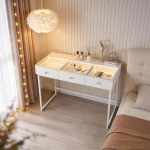 VANITII modernse stiiliga tualettlaud reguleeritava LED-valgustuse, kolme sahtli ja rohke hoiuruumiga. Valge. M&otilde;&otilde;tmed: 115 x 55 x 81 cm, Balta
