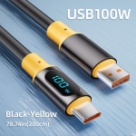 100W Kiirlaadimis USB-C Kaabel Digiekraaniga, 6A, Nutikaitsega, Juoda-Geltona