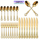 Vintage-Inspireeritud Kuldne S&ouml;&ouml;giriistade Komplekt (6/24 tk) , 24 vnt. peilis, &scaron;akutė ir &scaron;auk&scaron;tas