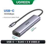Ugreen USB Etherneti adapter 1000/100Mbps RJ45 LAN s&uuml;learvuti ja PC - USB -C 10Gbps