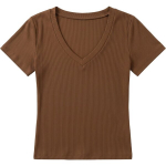 Naiste trikoo pluus l&uuml;hikeste varrukatega soonikkoes Basic Casual pruun S &mdash; naiste t-s&auml;rk, liibuv topp, v-kaelusega pluus, naisteriided, slim-fit s&auml;rk, suvepluus, veniv topp, S