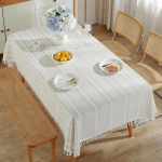 Elegantne Boho laudlina narmadega, rustikaalne dekoratiivne valge 140x300 cm &mdash; ristk&uuml;likukujuline laudlina, s&ouml;&ouml;gitoa tekstiilid, laudlina, linane laudlina, lauakaunistused, aialaudlina, boho lauakate