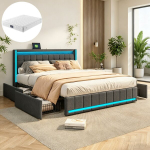 Voodi, 160 &times; 200 cm, LED-valgustuse, USB-pordi ja 4 sahtliga, komplektis madrats, linane, tumehall.