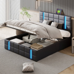 Voodi, 160 x 200 cm, must, PU nahk, gaasit&otilde;stukiga, LED-valgustusega, USB-laadimisega