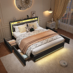 Voodi panipaigaga, LED ja USB, 140x190 cm, linane, tumehall