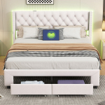 Kaheinimesevoodi 140x190 cm, sahtlitega, LED- ja USB-pesadega, samet, beež
