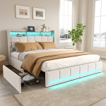 Polsterdatud voodi 180 x 200 cm LED- ja USB-valgustiga, 4 panipaigaga, linasest kangast kaheinimesevoodiraam, beež