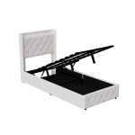 Polsterdatud voodi 90 x 200 cm panipaigaga, LED ja USB peatsiga, h&uuml;drauliline kaheinimesevoodiraam, sametbeež