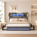 Voodi 160x200cm - panipaigaga peatsipea - LED ja USB - 4 sahtlit - linane - hall