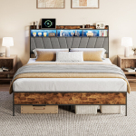 Voodi, 160 x 200 cm, pruun, metalli ja puidu, LED-valgustusega, USB-ga