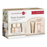 Nutri-Lumi&egrave;re nahka toitev komplekt Komplekt n&auml;onahale Clarins Nutri-Lumi&egrave;re: Toitev p&auml;evakreem n&auml;ole, 50 ml + toitev &ouml;&ouml;kreem n&auml;ole, 15 ml + meigialuskreem Rose SOS Primer, 5 ml + kosmeetikakott