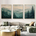 3 plakatikomplekt, moodsad akvarellrohelised m&auml;gede metsamaastiku pildid, plakatid ja kunstiprindid l&otilde;uendil, seinaplakatid, seinapildid, seinakaunistused elutuppa ja magamistuppa, ilma raamita