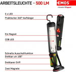 Emos - Laetav cob led t&ouml;&ouml;valgusti - Magnetalus, konks, reguleeritav, p&otilde;rutuskindel, veekindel - max. 500lm, 30m - 3 valgusrežiimi - 26 tundi - 2 kaablit - ip43 v&auml;litingimustes kasutamiseks - must-roheline