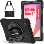Braecn &uuml;mbris Lenovo Tab M8 4th Gen 2023 8-tollisele Tb-300fu/tb-300xu-le, vastupidav p&otilde;rutuskindel kaasaskantav kaitse&uuml;mbris 360&deg; p&ouml;&ouml;ratava k&auml;erihma ja alusega, &otilde;larihm, must