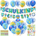 Kooli dekoratsioon poisile, kooli esimese p&auml;eva dekoratsioonikomplekt koolilapse b&auml;nneriga + vanik suhkrukoti Abc 123 motiiviga + 22 lateksist &otilde;hupalli + 3 kooli esimese p&auml;eva kleebist, sinine dekoratsioon esimeseks korraks