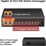 Keeplink poe switch 10 pordiga gigabit lan switch 8 poe+ pordiga, 2 1000 mbps uplink pordiga, 120w sisseehitatud toiteallikaga, ieee-802.3af/at poe, ventilaatorita, plug and play, vastupidav metallkorpus