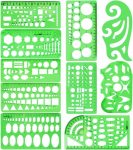 10 tk arhitektuuri &scaron;abloonide komplekt lastele, joonistus&scaron;abloon, plastist &otilde;pilaste &scaron;abloon, l&auml;bipaistev roheline joonlaud, taktika &scaron;abloon, joonlauakomplekt, kurvjoonlaud, geomeetriakomplekt kontorisse, kunstistuudiosse, kooli