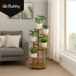 Suur, puidust, lille- v&otilde;i taimepottide hoidja ratastel - 6 korrust, 7 potti, 86 cm