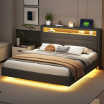 Voodi 160x200 cm, USB-&uuml;henduse ja LED-valgustusega, kokkupandav peatsiplaat, peidetud jaluts, kaheinimesevoodi, hall