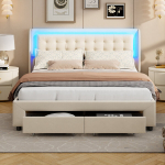 Voodi 140 x 190 cm, LED-valgustusega, kahe sahtliga voodijalutsis, beež, samet