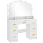 Meigilaud koos 10 LED Hollywoodi lambi, peegli, 7 sahtli, 3 sektsiooni, MDF, valge