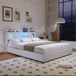 Voodi 160&times;200 cm, LED-valgustuse ja USB-liidesega, avatav peatsipea, h&uuml;drauliline voodi, valge, PU
