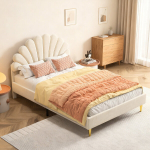 Voodi 140x200 cm, kaheinimese polsterdatud voodi, valamupeatsiga, liistudest voodiraam, sametbeež