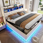 Voodi 180 x 200 cm, LED-valgustuse ja USB-pordiga, panipaigaga, linane kangas, valge