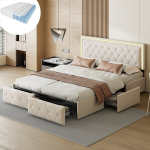 Voodi 160&times;200CM, madratsiga, 4 sahtliga, LED-valgustusega, PU, ​​​​​​​​valge