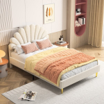 Polsterdatud voodi Lastevoodi 140 x 200 cm &uuml;heinimesevoodi t&uuml;drukute voodi restraamiga, lillekujulise voodipeatsiga voodi, kaheinimesevoodi, noorte voodiraam sametkangast kattega, beež, ilma madratsita