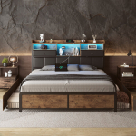 Voodi 140 x 200 cm, LED-valgustusega, USB-pordiga, pruun
