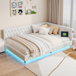 Polsterdatud diivanvoodi LED ja USB-ga, beež, 140&times;200 cm
