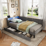 Diivanvoodi 90x200 cm - LED ja USB - 2 sahtlit - samet - hall